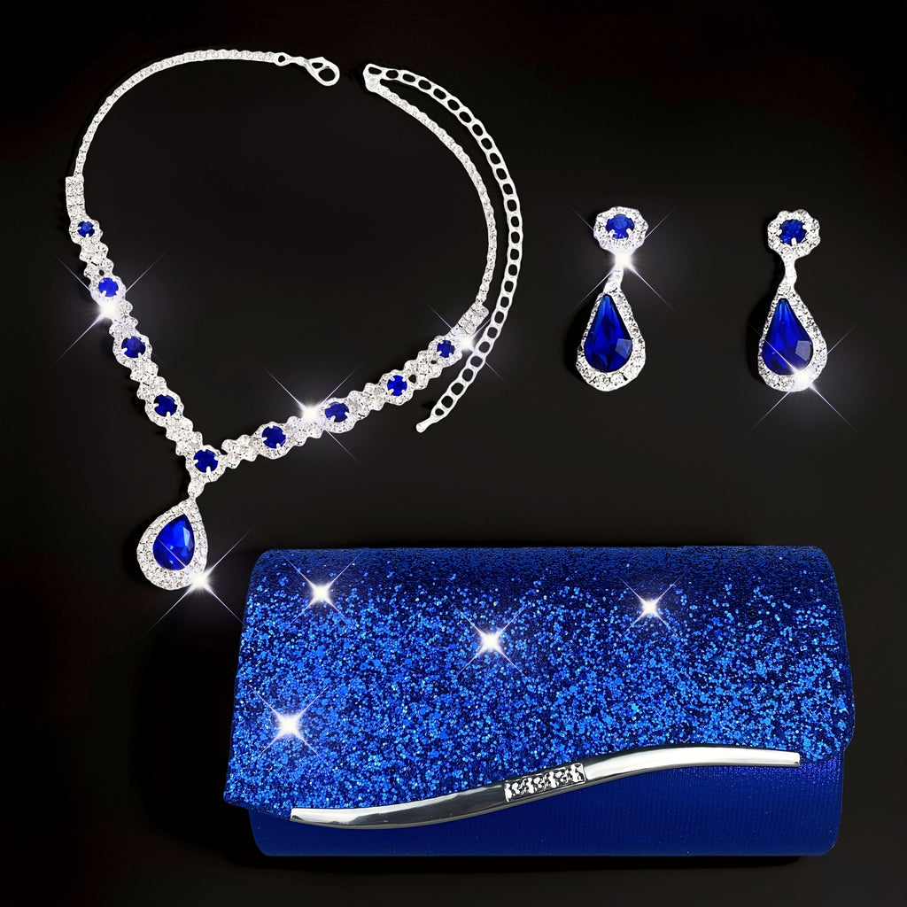 Conjunto de 3 Bolsas de Noite Femininas, Clutch com Colar e Brincos, Envelope de Strass, Bolsa de Festa, Carteira de Noiva para Baile