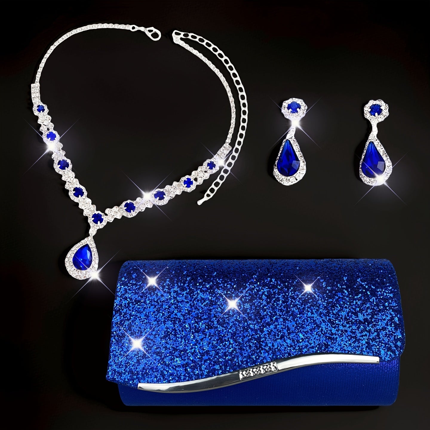 Conjunto de 3 Bolsas de Noite Femininas, Clutch com Colar e Brincos, Envelope de Strass, Bolsa de Festa, Carteira de Noiva para Baile