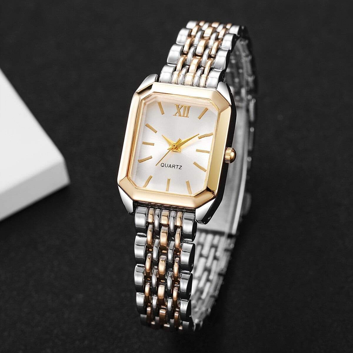 Relógio de Presente Feminino Luxo Leve Niche Mostrador Quadrado Clássico Fácil de Usar Relógio de Pulso de Quartzo e Conjunto (4 unidades/conjunto) Caixa de Relógio Não Incluída