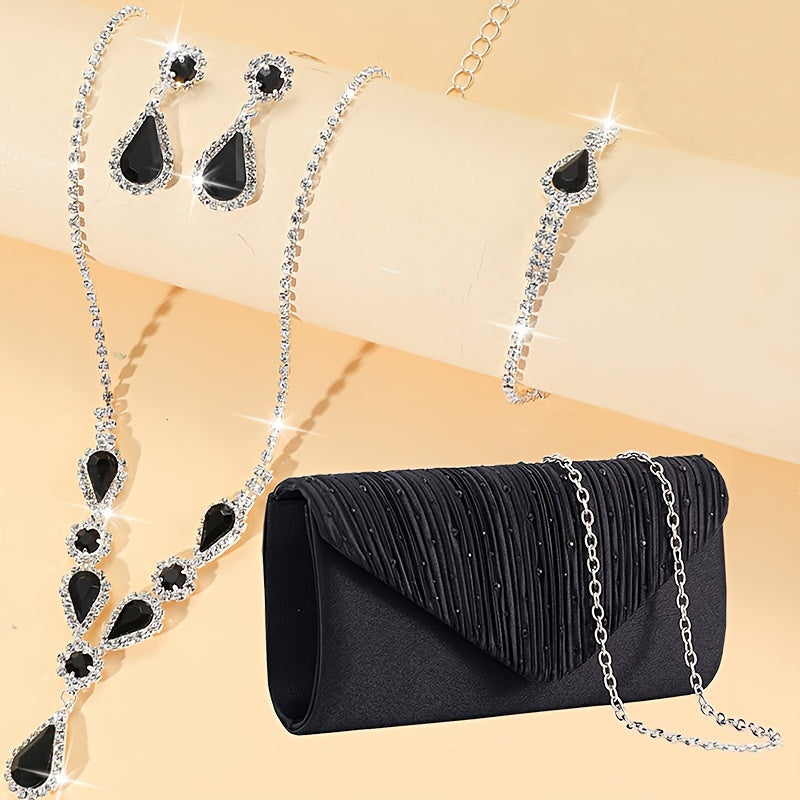 Elegante e Versátil Clutch de Noite com Decorações Brilhantes, Mala de Ombro com Corrente, Bolsa de Festa, Conjunto Luxuoso de Colar, Brincos e Pulseira com Strass, um Conjunto Completo de Quatro Peças para Banquetes