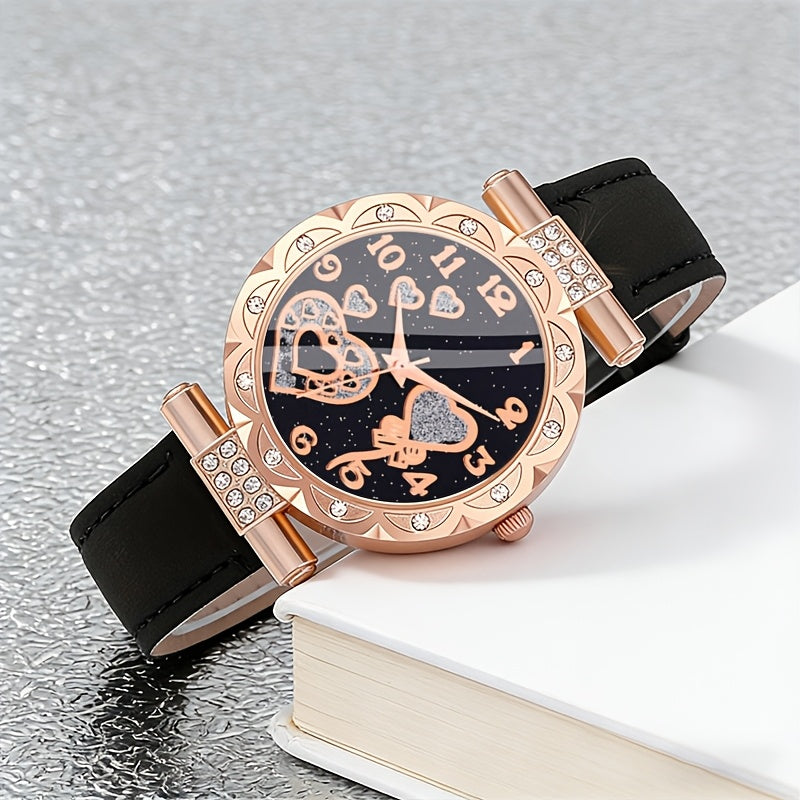Conjunto de 6 peças incluindo um elegante relógio de quartzo em forma de coração adornado com strass, juntamente com um colar, pulseira, anel e brincos, ideal para aniversários de mulheres, presentes de feriados, celebrações de formatura, encontros familiares