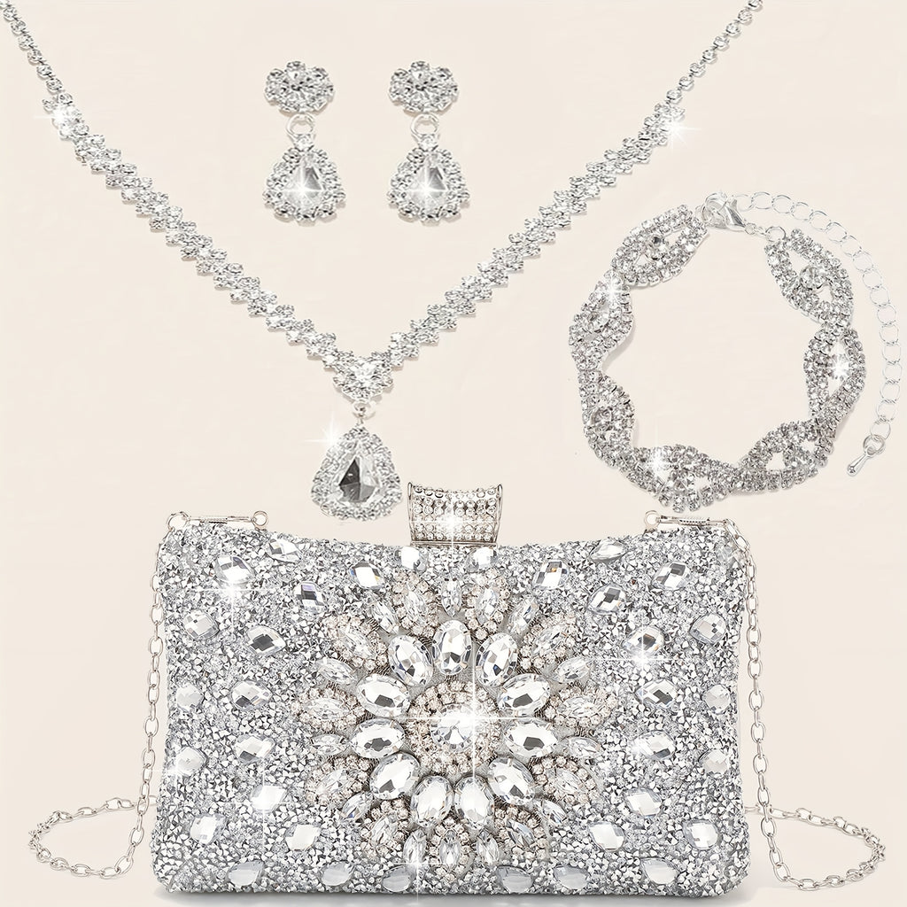 Conjunto de 4 Peças de Joias com Strass: Colar, Brincos e Pulseiras para Mulheres - Bolsa de Noiva Cintilante com Corrente Metálica Destacável, Versátil para Festas, Casamento, Banquete ou Cocktail Party - Presente para Noivas e Damas de Honra