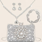 Conjunto de 4 Peças de Joias com Strass: Colar, Brincos e Pulseiras para Mulheres - Bolsa de Noiva Cintilante com Corrente Metálica Destacável, Versátil para Festas, Casamento, Banquete ou Cocktail Party - Presente para Noivas e Damas de Honra