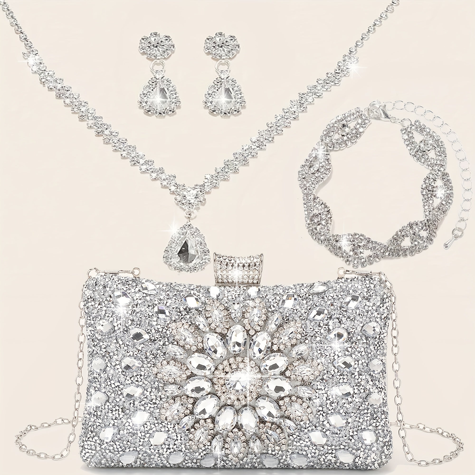 Conjunto de 4 Peças de Joias com Strass: Colar, Brincos e Pulseiras para Mulheres - Bolsa de Noiva Cintilante com Corrente Metálica Destacável, Versátil para Festas, Casamento, Banquete ou Cocktail Party - Presente para Noivas e Damas de Honra
