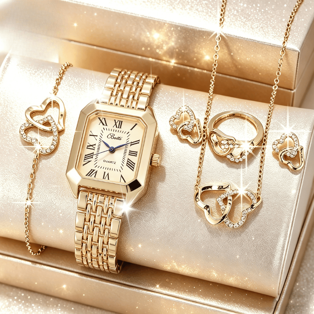 Kit Relógio Feminino + Pulseiras Cristal | Conjunto Dourado