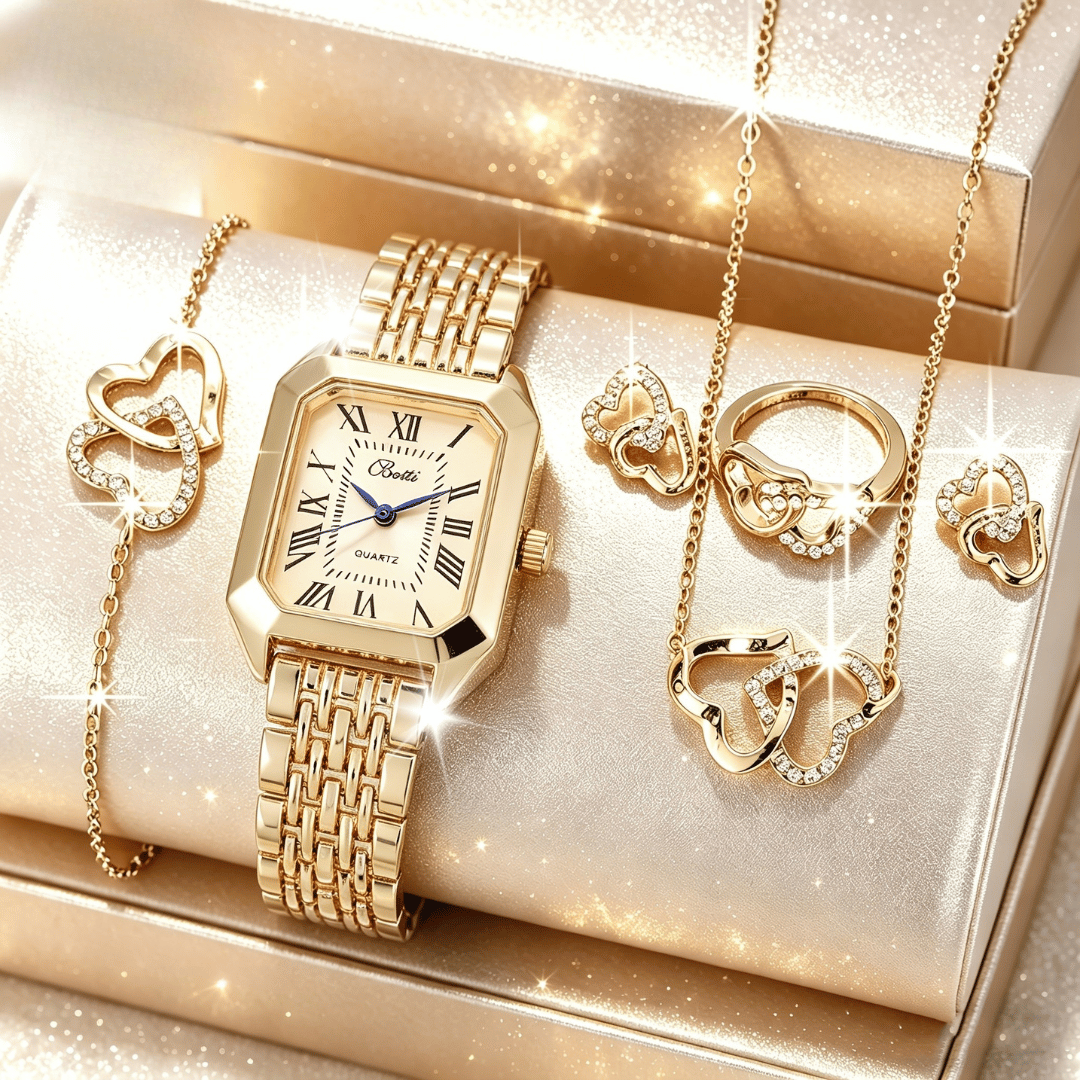 Kit Relógio Feminino + Pulseiras Cristal | Conjunto Dourado