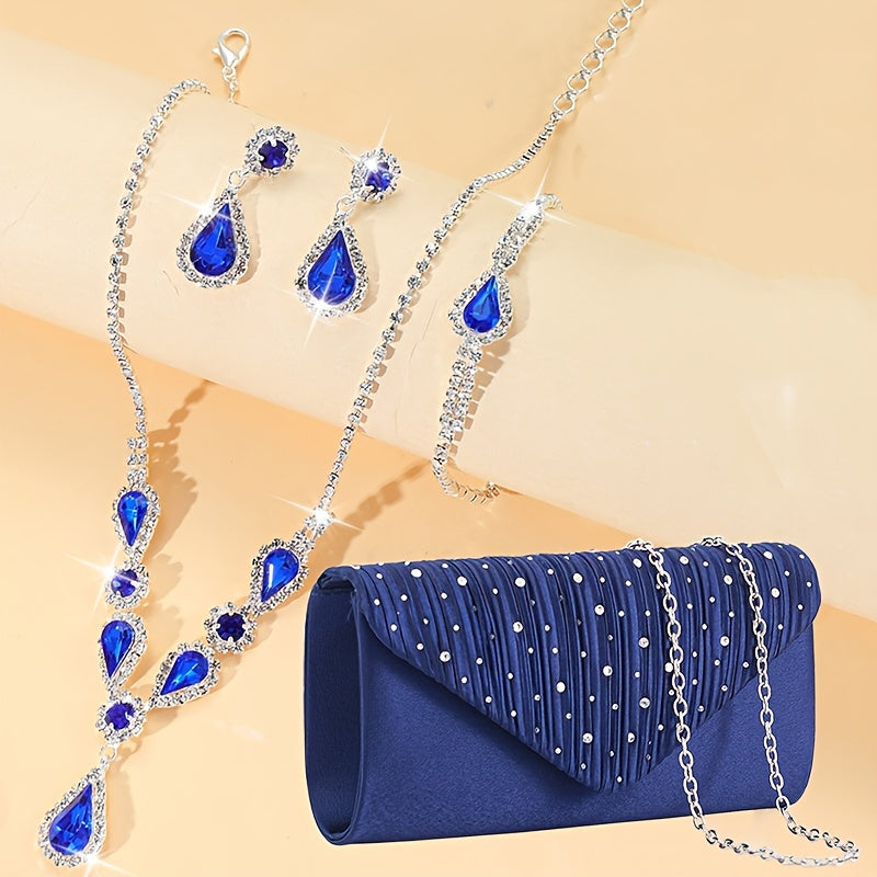 Elegante e Versátil Clutch de Noite com Decorações Brilhantes, Mala de Ombro com Corrente, Bolsa de Festa, Conjunto Luxuoso de Colar, Brincos e Pulseira com Strass, um Conjunto Completo de Quatro Peças para Banquetes