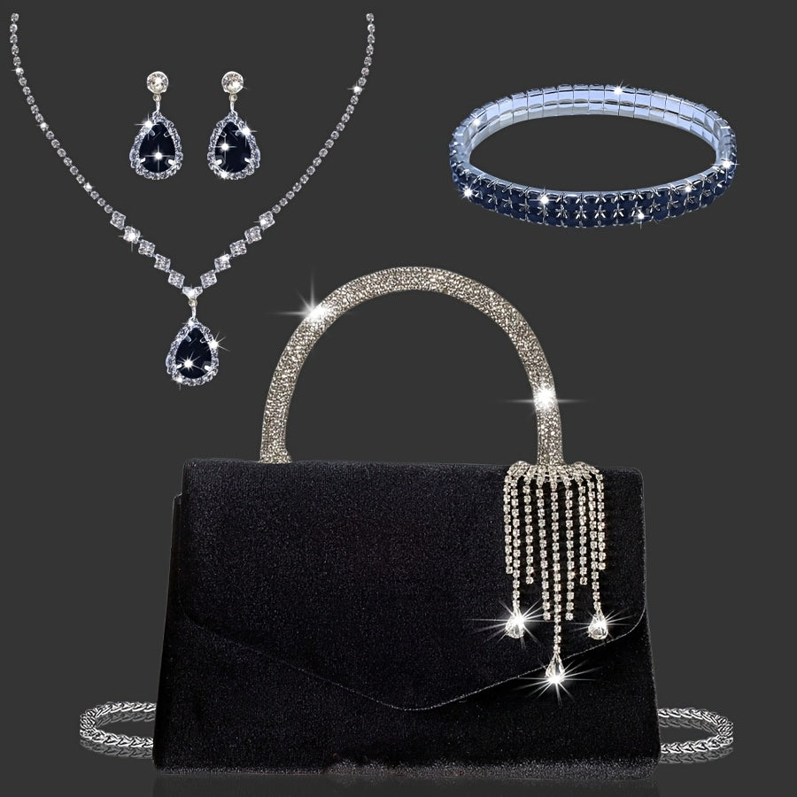 Novo Bolsa de Noite Feminina com Strass, Bolsa de Festa Aveludada com Pendente Brilhante, Elegante Bolsa de Casamento para Noiva, com Conjunto de Três Peças com Pendente de Strass Brilhante, Colar com Pendente de Strass, Brincos, Pulseira, Adequado para Casamentos, Festas, Jantares e Bailes