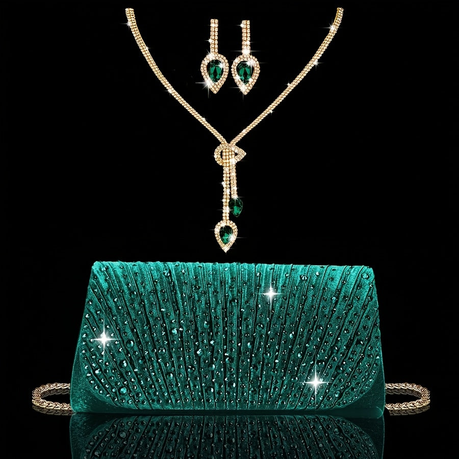 Bolsa de Noite/Festa com Aba e Strass Brilhante, Clutch/Bolsa de Noite Plissada Elegante e Estilosa, Acompanha Conjunto de Joias com 2 Peças de Strass Brilhante, Adequada para Festas, Banquetes, Reuniões, Dançantes, Casamentos e Outras Ocasiões.
