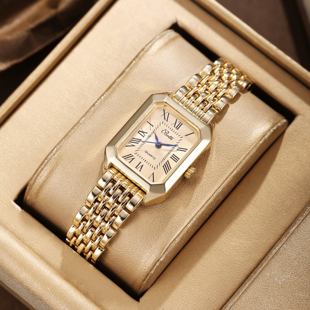 Kit Relógio Feminino + Pulseiras Cristal | Conjunto Dourado