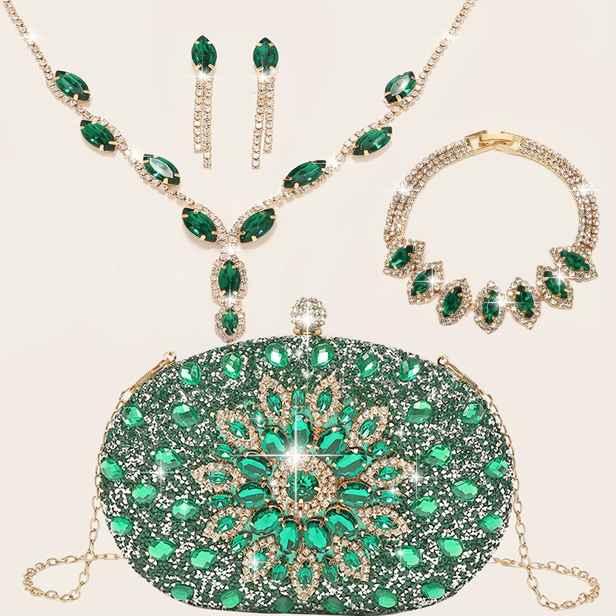 Conjunto de 4 peças de bolsas de noite para mulheres com strass, clipe de orelha com strass, colar de noivado, pulseira, bolsa de sol de cristal brilhante, bolsa de noite para mulheres, saco de compras de casamento, bolsa de mão