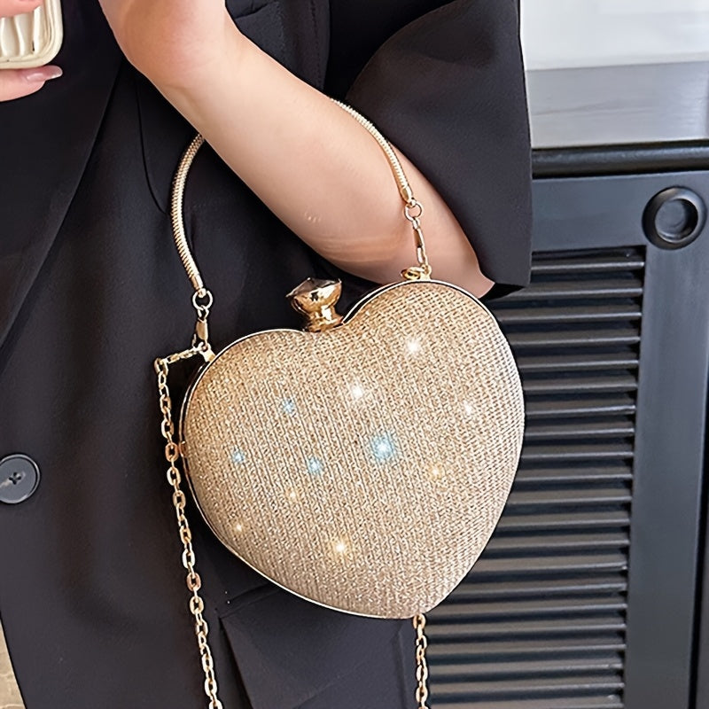Bolsa de Noite Feminina Moderna e Versátil em Forma de Coração, Bolsa de Vestido, Bolsa de Festa, Colar de Strass, Pulseira, Brincos, Conjunto de Quatro Peças para Banquetes