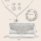 Bolsa de Noite Feminina com Múltiplas Correntes, Bolsa de Festa, Clutch com Colar de Strass, Brincos, Pulseira, Conjunto de 4 Peças para Banquete