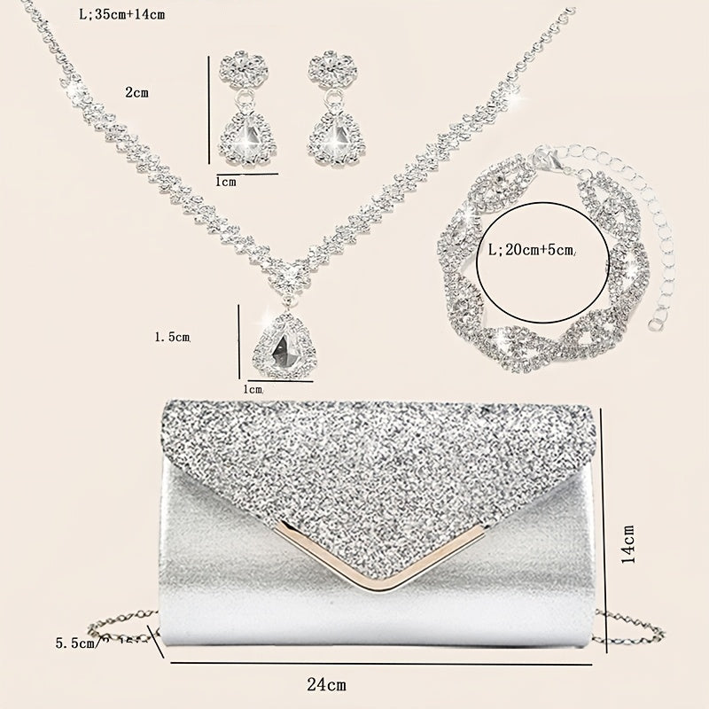 Bolsa de Noite Feminina com Múltiplas Correntes, Bolsa de Festa, Clutch com Colar de Strass, Brincos, Pulseira, Conjunto de 4 Peças para Banquete