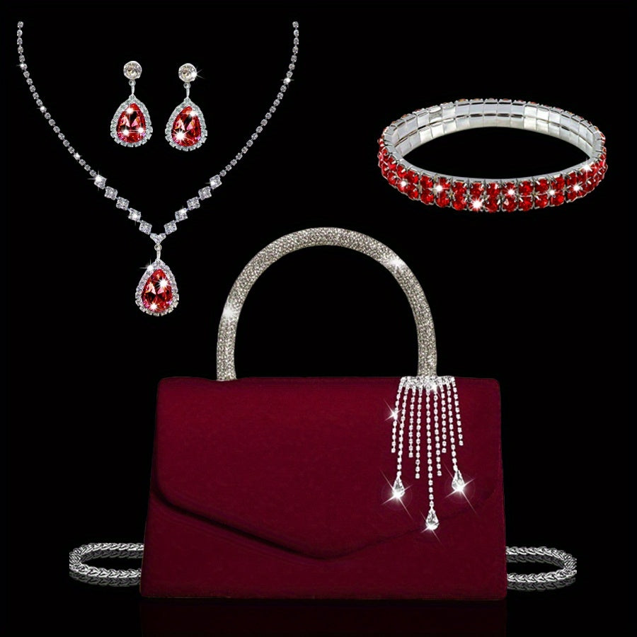 Novo Bolsa de Noite Feminina com Strass, Bolsa de Festa Aveludada com Pendente Brilhante, Elegante Bolsa de Casamento para Noiva, com Conjunto de Três Peças com Pendente de Strass Brilhante, Colar com Pendente de Strass, Brincos, Pulseira, Adequado para Casamentos, Festas, Jantares e Bailes