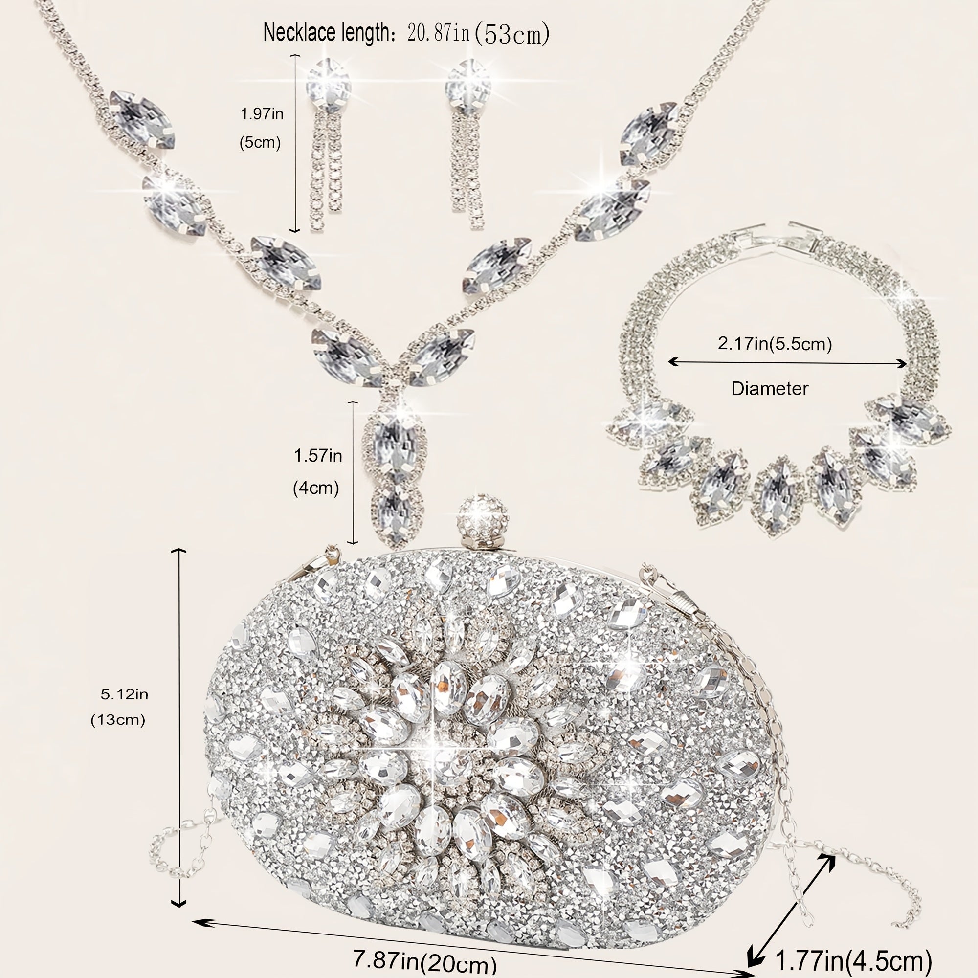 Conjunto de 4 peças de bolsas de noite para mulheres com strass, clipe de orelha com strass, colar de noivado, pulseira, bolsa de sol de cristal brilhante, bolsa de noite para mulheres, saco de compras de casamento, bolsa de mão