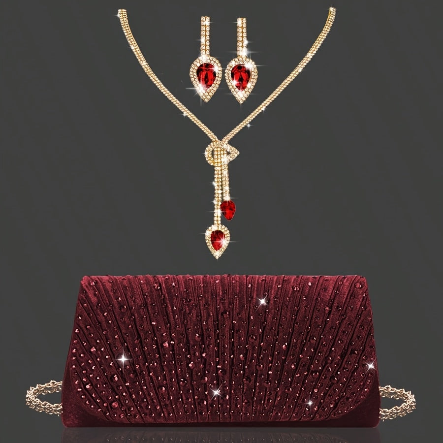 Bolsa de Noite/Festa com Aba e Strass Brilhante, Clutch/Bolsa de Noite Plissada Elegante e Estilosa, Acompanha Conjunto de Joias com 2 Peças de Strass Brilhante, Adequada para Festas, Banquetes, Reuniões, Dançantes, Casamentos e Outras Ocasiões.