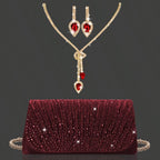 Bolsa de Noite/Festa com Aba e Strass Brilhante, Clutch/Bolsa de Noite Plissada Elegante e Estilosa, Acompanha Conjunto de Joias com 2 Peças de Strass Brilhante, Adequada para Festas, Banquetes, Reuniões, Dançantes, Casamentos e Outras Ocasiões.