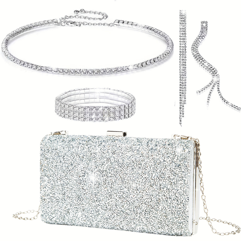 Conjunto de 4 Bolsas de Noiva Prateadas com Joias e Strass para Mulher, Bolsas de Noite Brilhantes, Bolsas de Mão para Casamento, Festa, Presente