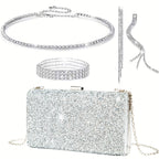Conjunto de 4 Bolsas de Noiva Prateadas com Joias e Strass para Mulher, Bolsas de Noite Brilhantes, Bolsas de Mão para Casamento, Festa, Presente