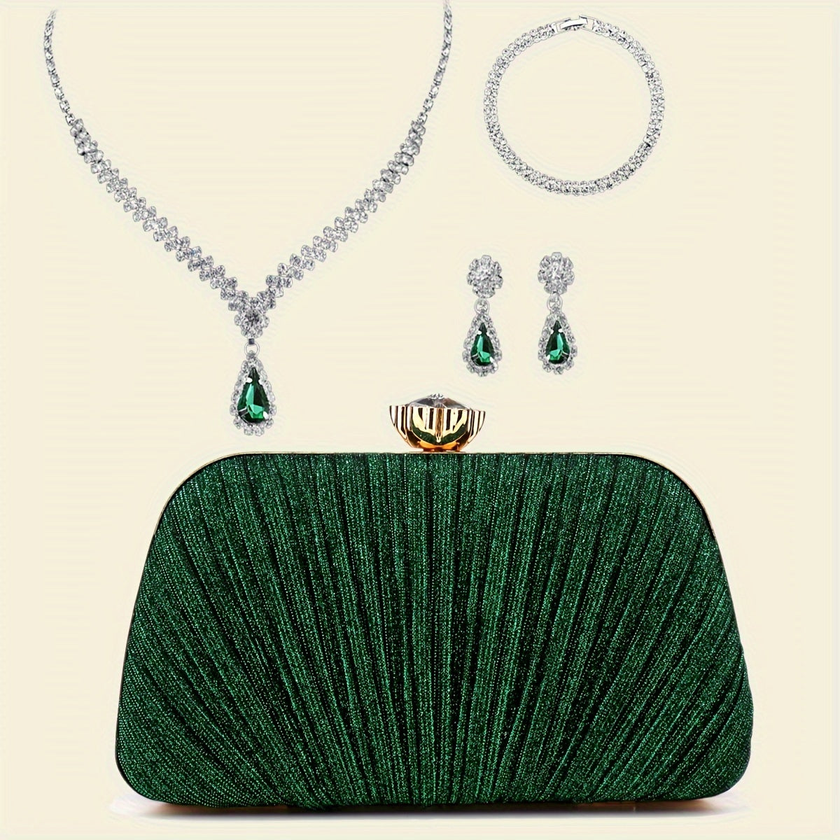 Bolsas de Noite de Natal para Mulher com Franjas, Lantejoulas, Strass, Corrente de Metal, Bolsas de Ombro, Cor Verde, Bolsa de Banquete com Glitter, Conjunto de Joias Elegante com Colar, Brincos e Pulseira de Strass para Casamento e Despedida de Solteira