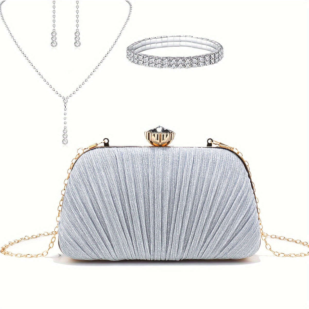 Bolsas de Noite de Natal para Mulher com Franjas, Lantejoulas, Strass, Corrente de Metal, Bolsas de Ombro, Cor Verde, Bolsa de Banquete com Glitter, Conjunto de Joias Elegante com Colar, Brincos e Pulseira de Strass para Casamento e Despedida de Solteira