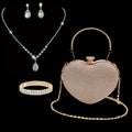 Bolsa de Noite Feminina Moderna e Versátil em Forma de Coração, Bolsa de Vestido, Bolsa de Festa, Colar de Strass, Pulseira, Brincos, Conjunto de Quatro Peças para Banquetes