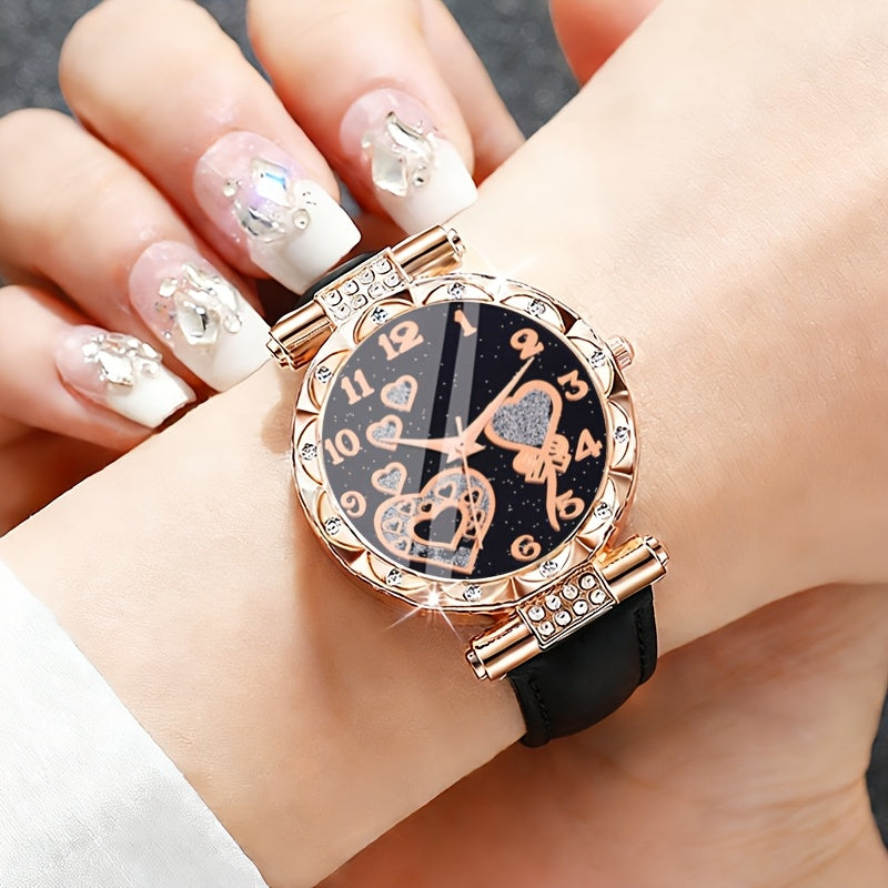 Conjunto de 6 peças incluindo um elegante relógio de quartzo em forma de coração adornado com strass, juntamente com um colar, pulseira, anel e brincos, ideal para aniversários de mulheres, presentes de feriados, celebrações de formatura, encontros familiares