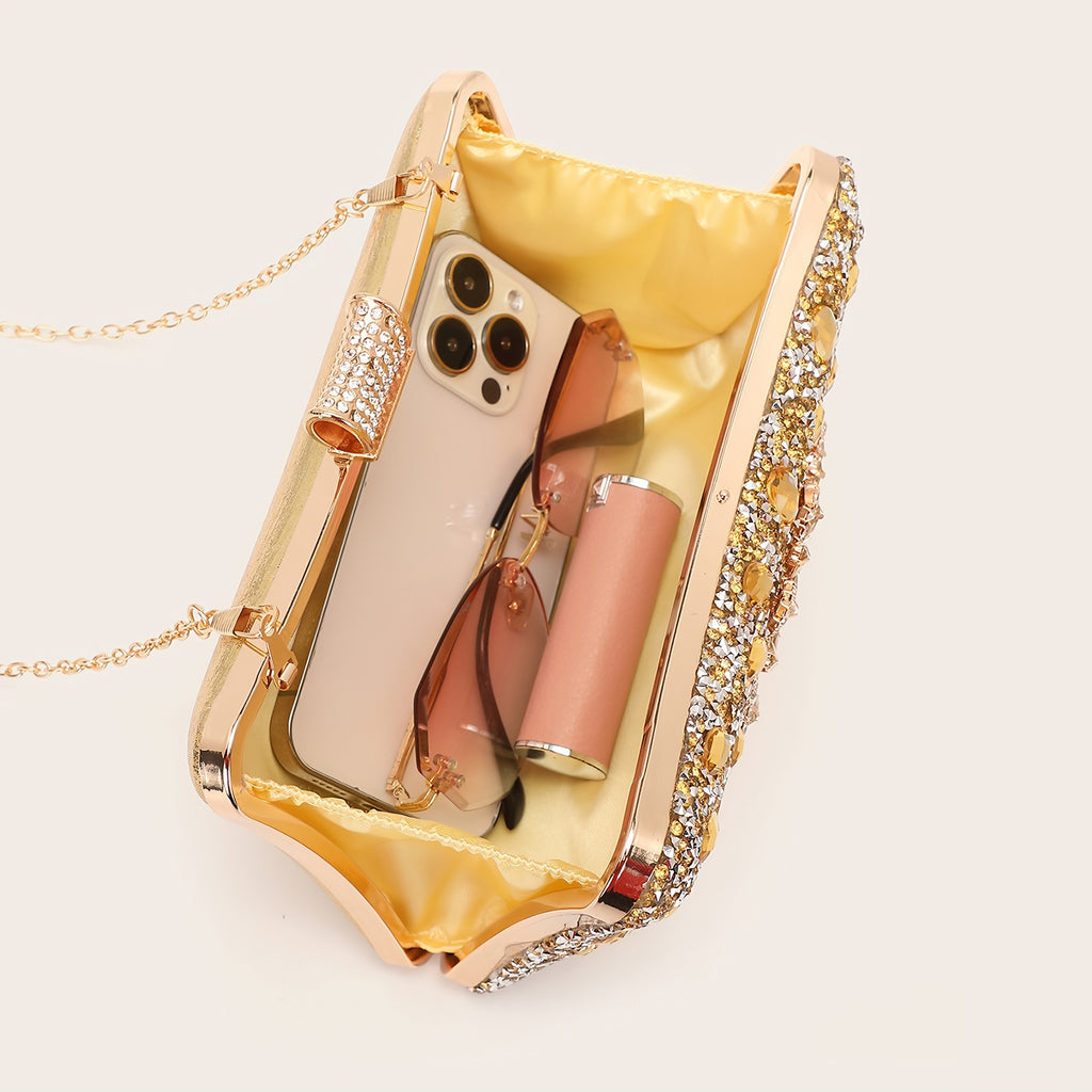 Conjunto de 4 Peças de Joias com Strass: Colar, Brincos e Pulseiras para Mulheres - Bolsa de Noiva Cintilante com Corrente Metálica Destacável, Versátil para Festas, Casamento, Banquete ou Cocktail Party - Presente para Noivas e Damas de Honra