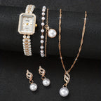 Conjunto de Relógio de Quartzo Feminino Minimalista e Elegante com Mostrador Quadrado, Incluindo Pulseira, Colar e Brincos (5 peças/conjunto). Não Inclui Caixa de Relógio