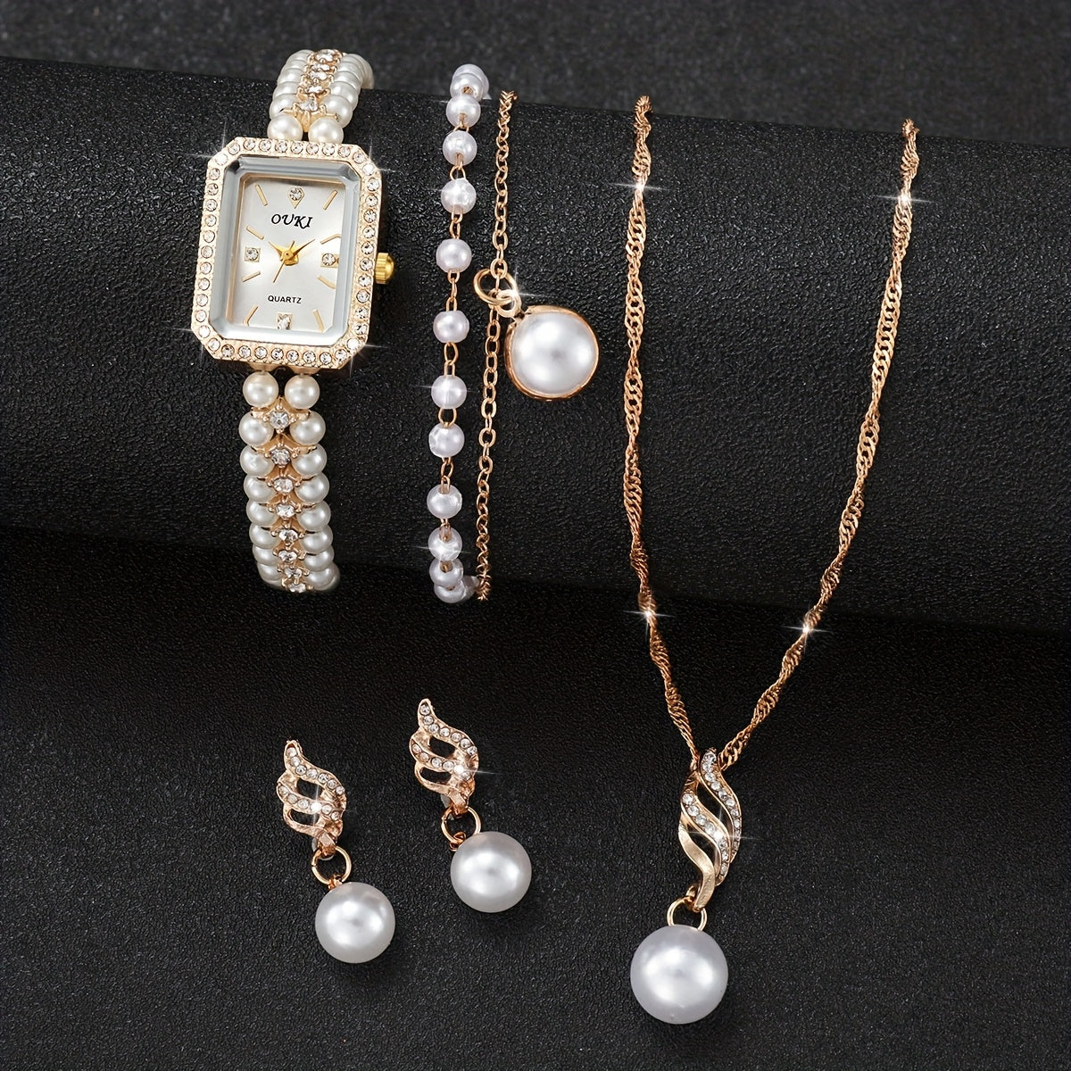 Conjunto de Relógio de Quartzo Feminino Minimalista e Elegante com Mostrador Quadrado, Incluindo Pulseira, Colar e Brincos (5 peças/conjunto). Não Inclui Caixa de Relógio