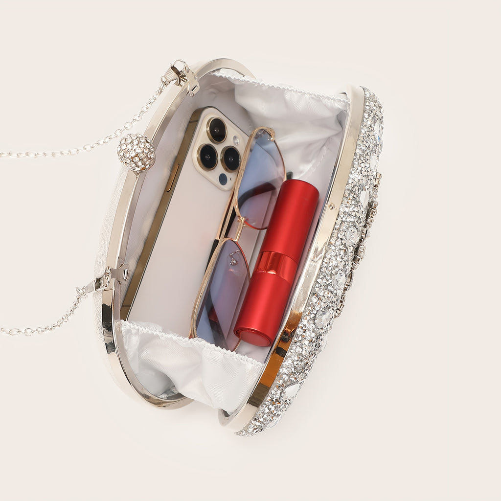 Conjunto de 4 peças de bolsas de noite para mulheres com strass, clipe de orelha com strass, colar de noivado, pulseira, bolsa de sol de cristal brilhante, bolsa de noite para mulheres, saco de compras de casamento, bolsa de mão