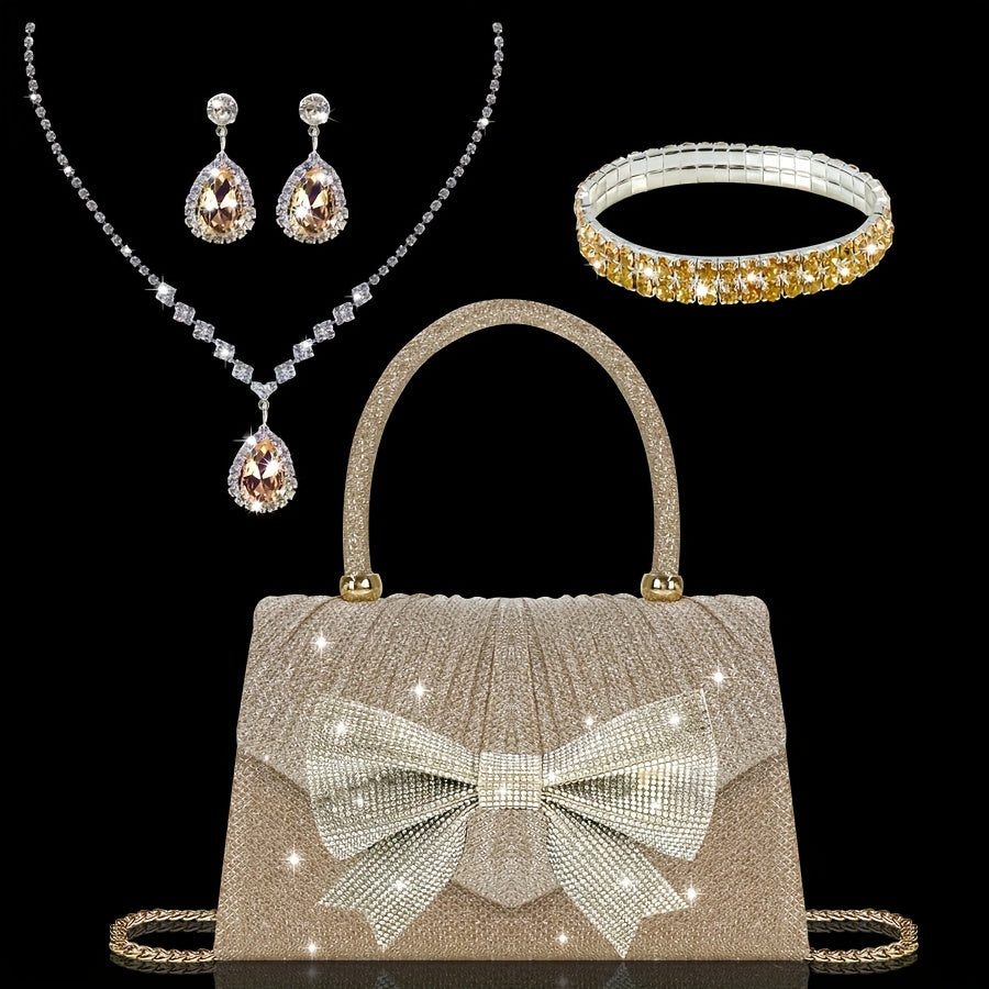 O Salheiro de Noite Brilhante Glitt é um Design de Aba Plissada, Chic e Sofisticado, Adornado com um Laço de Strass Deslumbrante. Inclui um Conjunto de Joias de Strass Luxuoso, Incluindo um Colar, Brincos e um Pulseira.