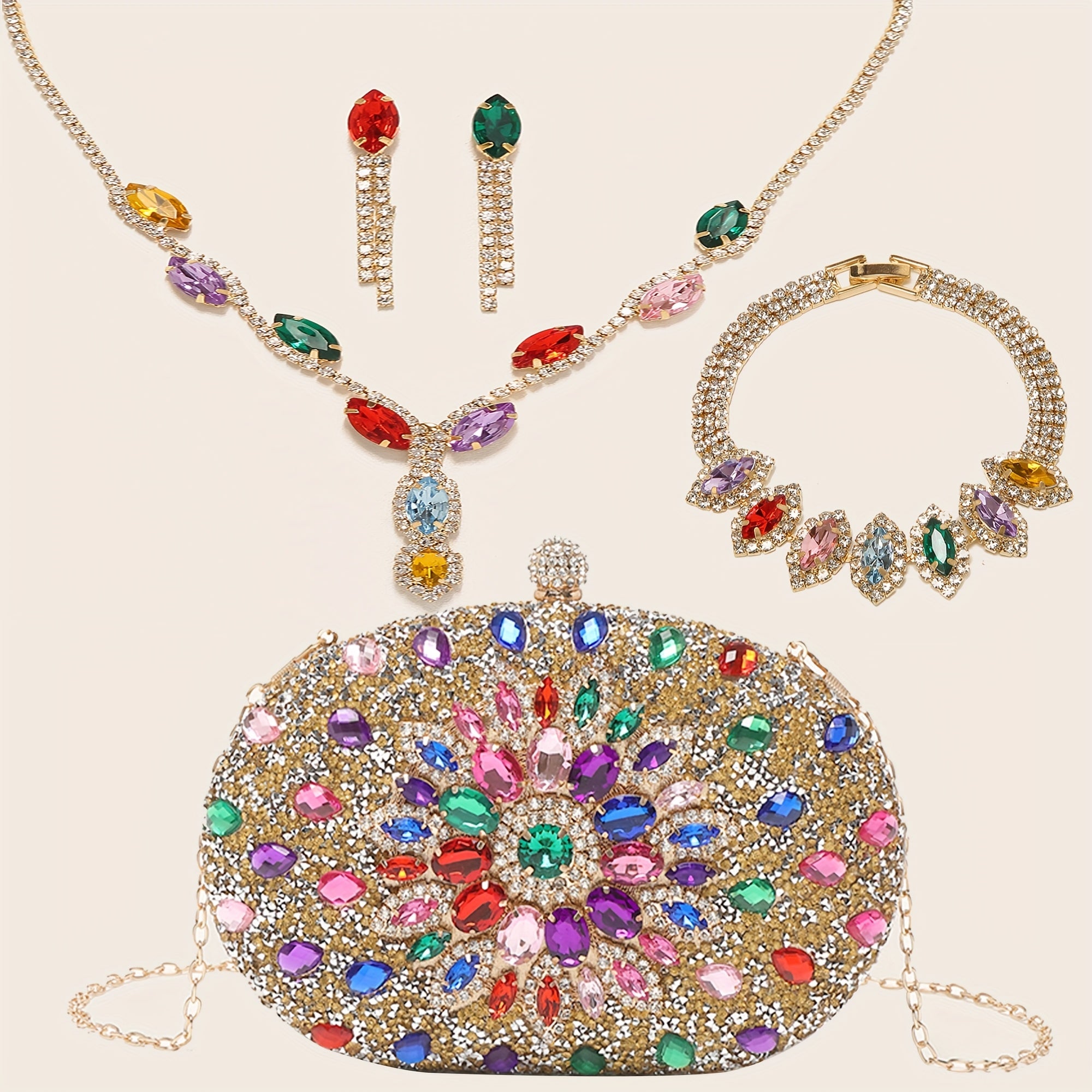 Conjunto de 4 peças de bolsas de noite para mulheres com strass, clipe de orelha com strass, colar de noivado, pulseira, bolsa de sol de cristal brilhante, bolsa de noite para mulheres, saco de compras de casamento, bolsa de mão
