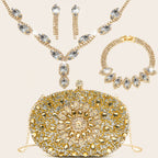 Conjunto de 4 peças de bolsas de noite para mulheres com strass, clipe de orelha com strass, colar de noivado, pulseira, bolsa de sol de cristal brilhante, bolsa de noite para mulheres, saco de compras de casamento, bolsa de mão