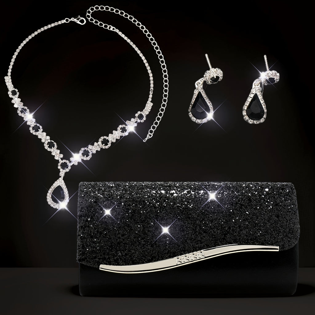 Conjunto de 3 Bolsas de Noite Femininas, Clutch com Colar e Brincos, Envelope de Strass, Bolsa de Festa, Carteira de Noiva para Baile