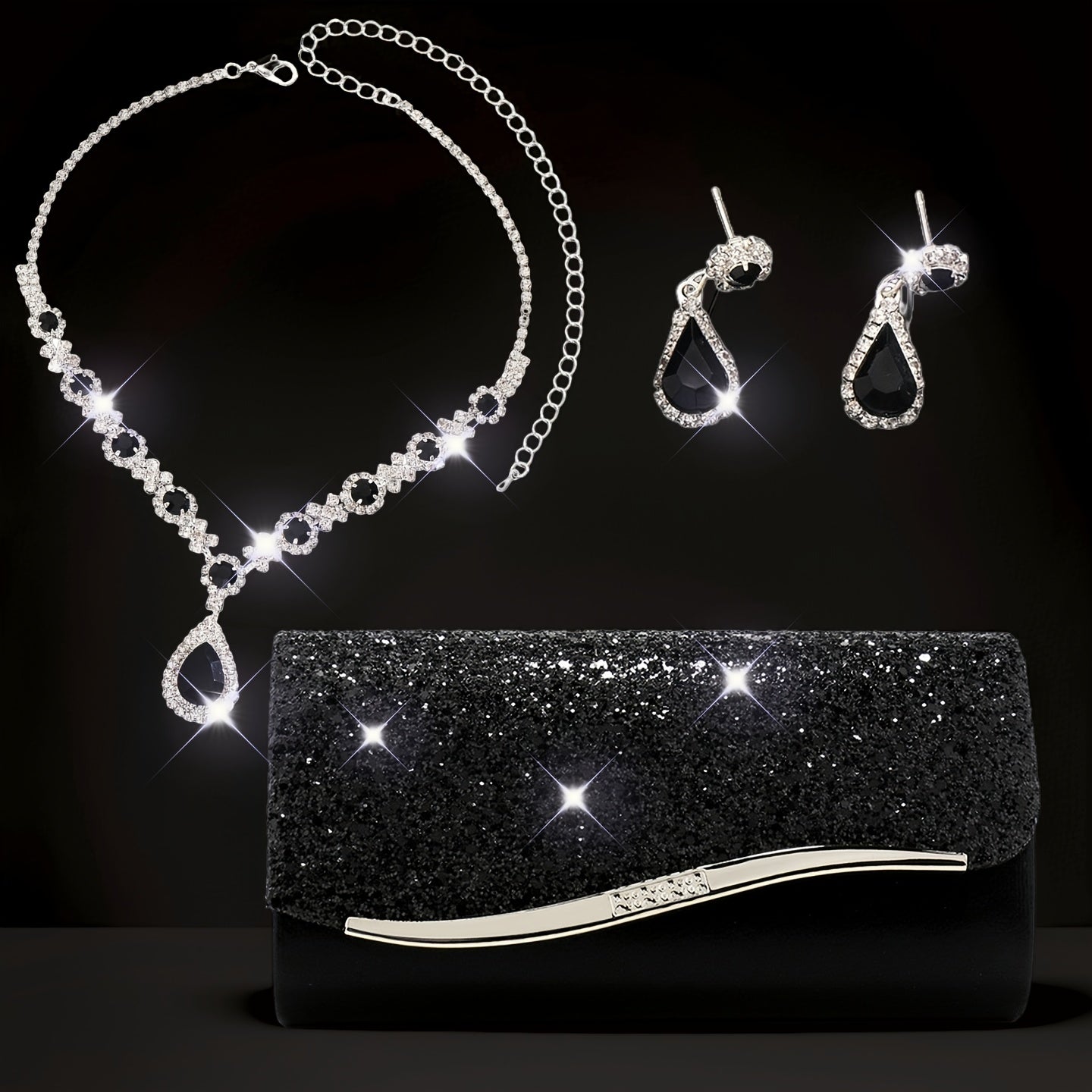 Conjunto de 3 Bolsas de Noite Femininas, Clutch com Colar e Brincos, Envelope de Strass, Bolsa de Festa, Carteira de Noiva para Baile