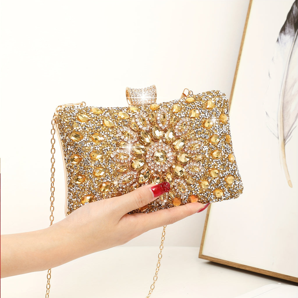 Conjunto de 4 Peças de Joias com Strass: Colar, Brincos e Pulseiras para Mulheres - Bolsa de Noiva Cintilante com Corrente Metálica Destacável, Versátil para Festas, Casamento, Banquete ou Cocktail Party - Presente para Noivas e Damas de Honra