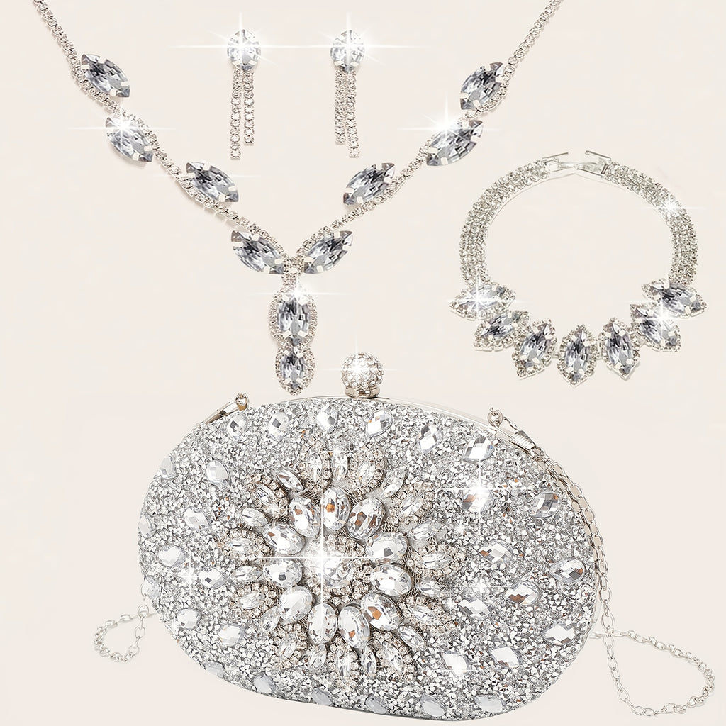 Conjunto de 4 peças de bolsas de noite para mulheres com strass, clipe de orelha com strass, colar de noivado, pulseira, bolsa de sol de cristal brilhante, bolsa de noite para mulheres, saco de compras de casamento, bolsa de mão