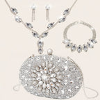Conjunto de 4 peças de bolsas de noite para mulheres com strass, clipe de orelha com strass, colar de noivado, pulseira, bolsa de sol de cristal brilhante, bolsa de noite para mulheres, saco de compras de casamento, bolsa de mão