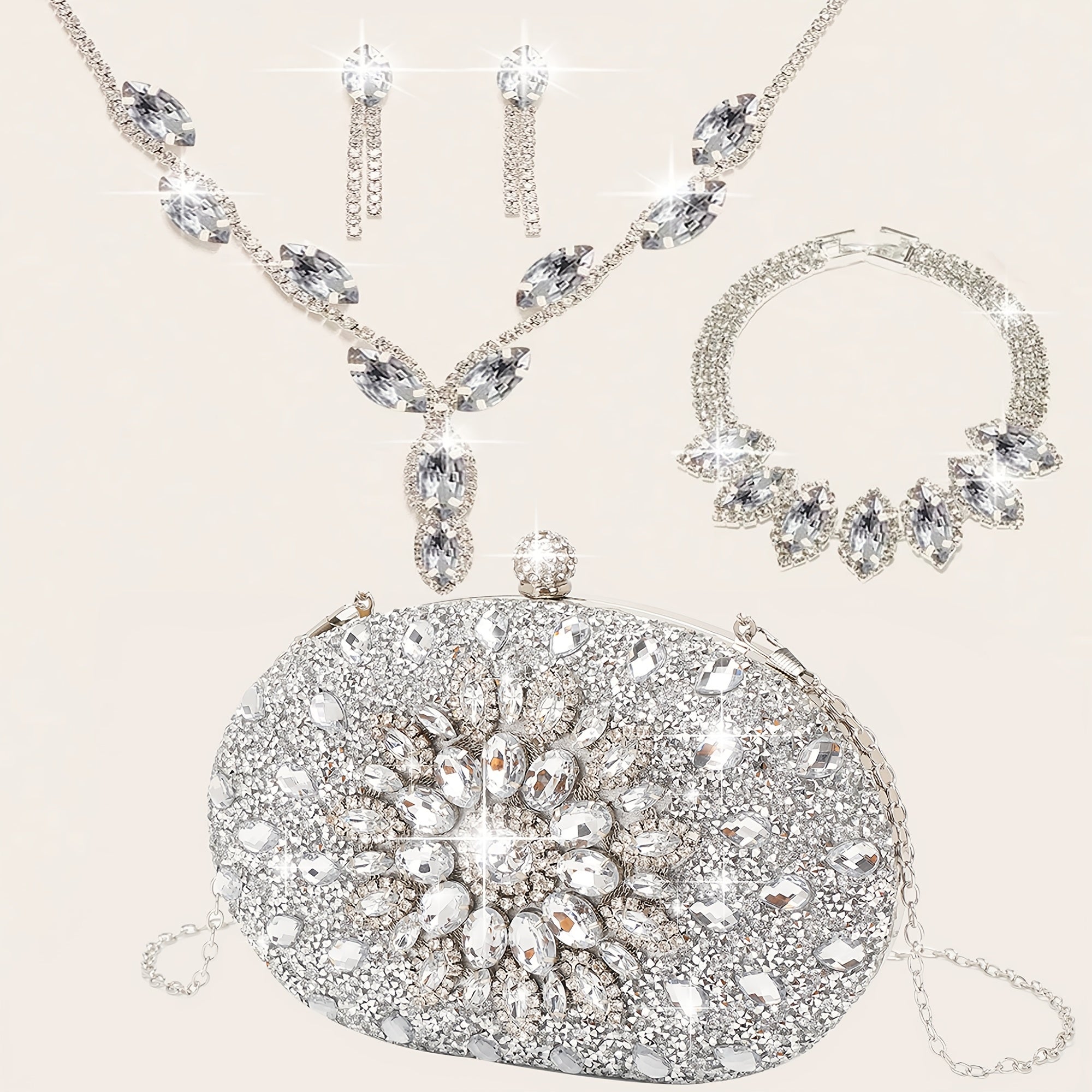 Conjunto de 4 peças de bolsas de noite para mulheres com strass, clipe de orelha com strass, colar de noivado, pulseira, bolsa de sol de cristal brilhante, bolsa de noite para mulheres, saco de compras de casamento, bolsa de mão