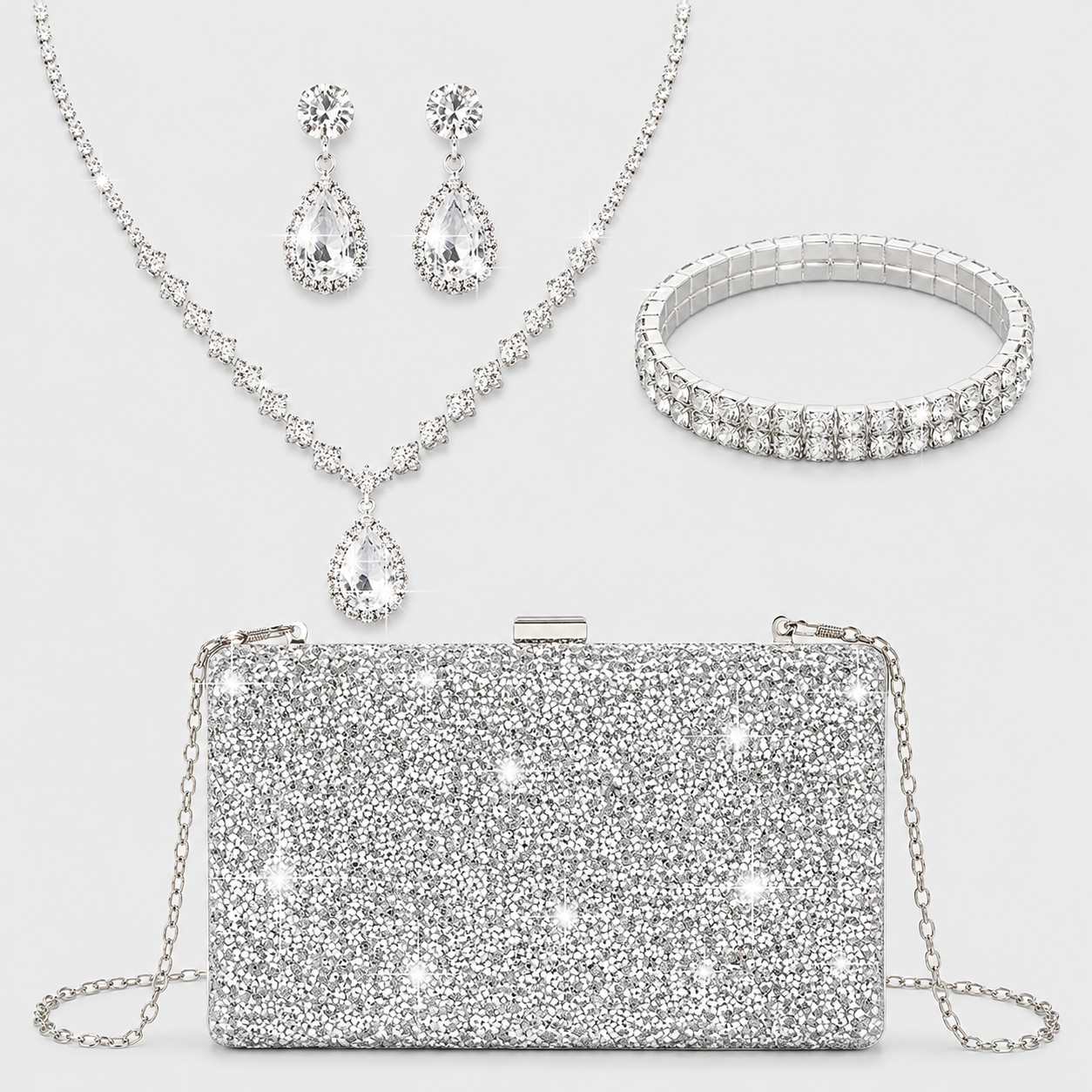 Kit Elegância Prateada | Bolsas + Joias Brilhantes 4 Peças