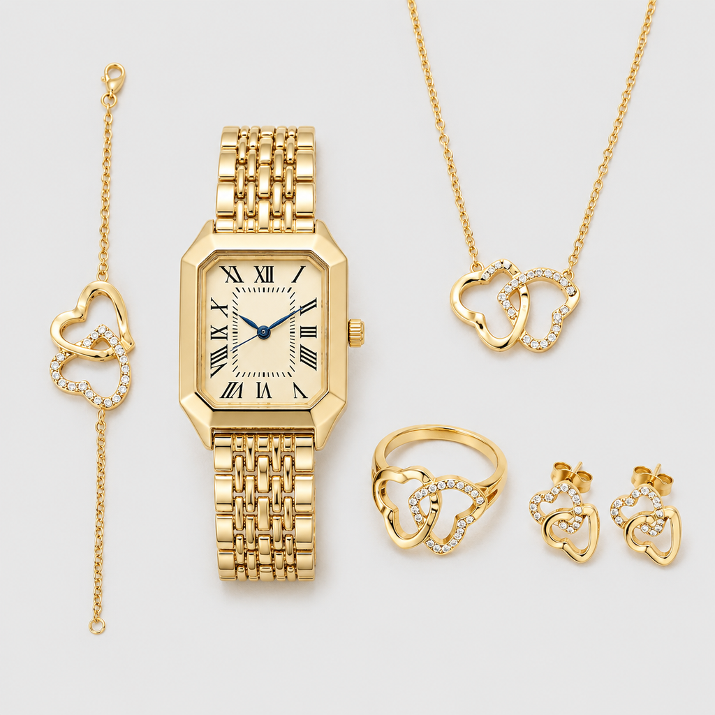 Kit Relógio Feminino + Pulseiras Cristal | Conjunto Dourado