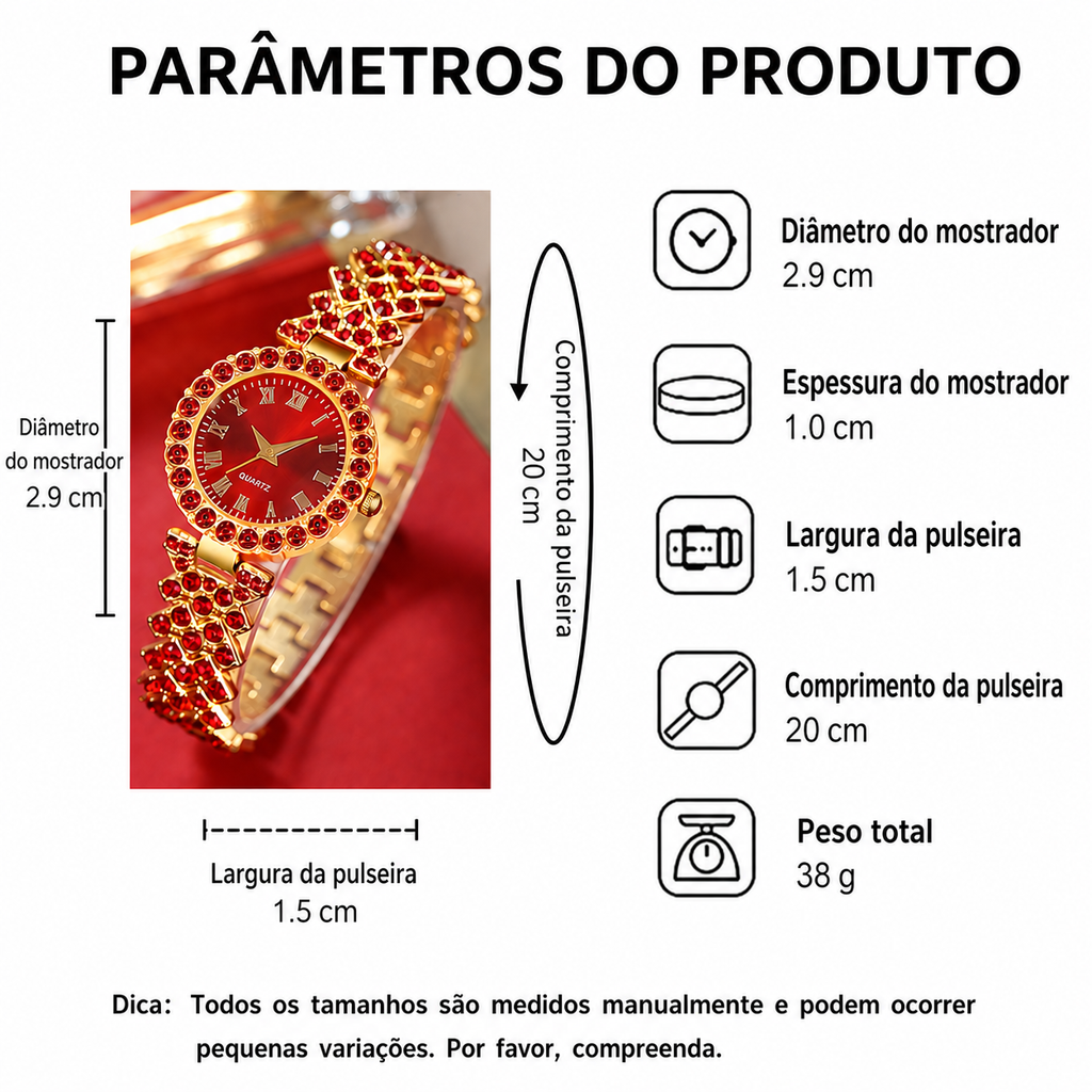 Kit 5 Relógios Femininos Dourado | Mostrador Vermelho