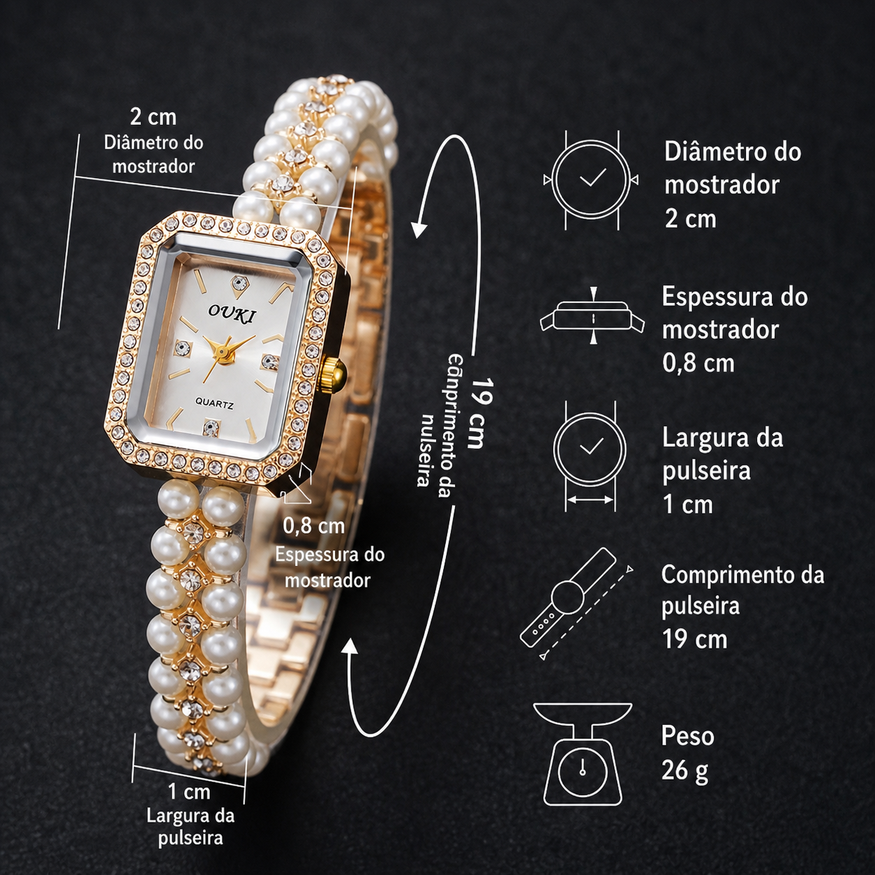 Kit Relógio Feminino + Colar de Pérolas | Conjunto Dourado