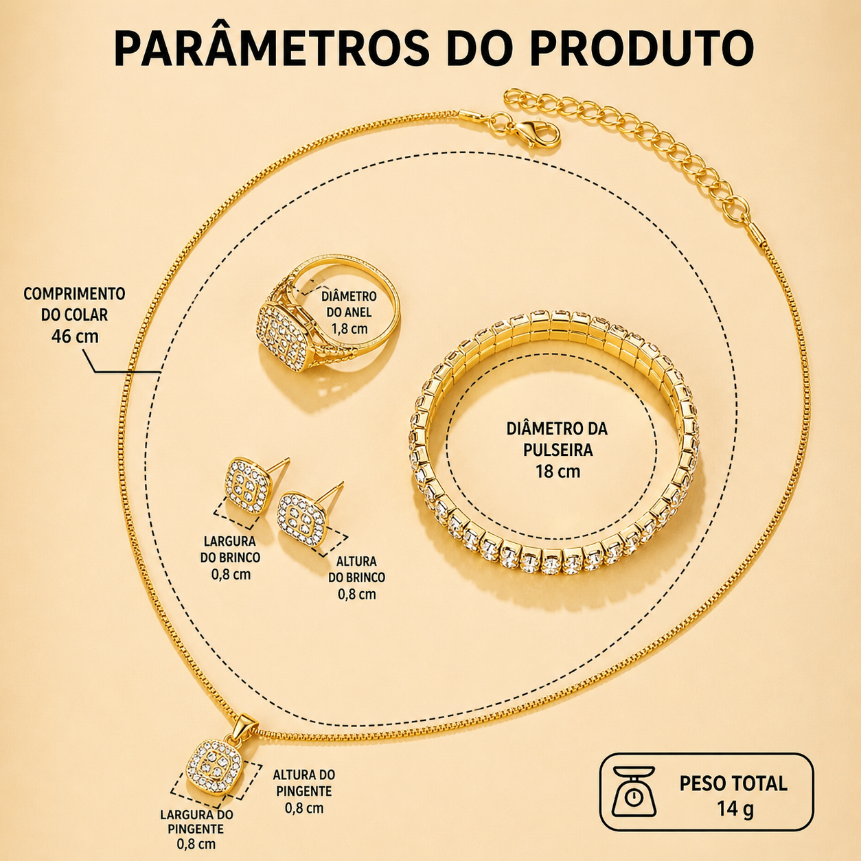 Kit Joias Femininas Dourado Luxo | 7 Peças Completo