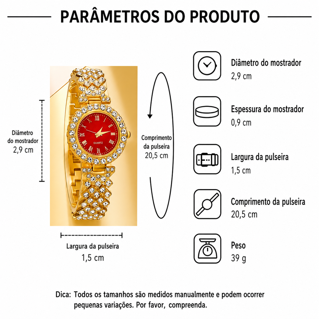Kit Relógio Feminino Vermelho + Joias | Look Luxo