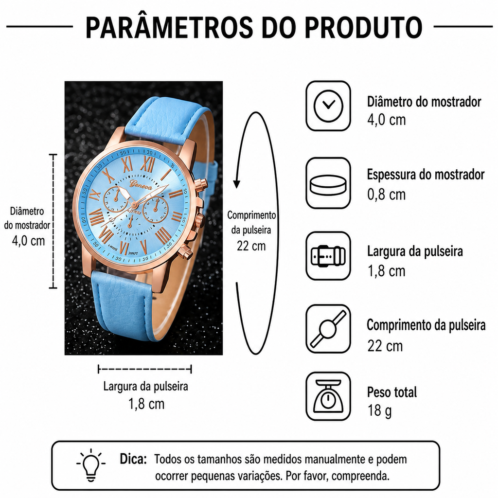 Kit Relógio Feminino Azul Claro + Joias | Conjunto Elegante