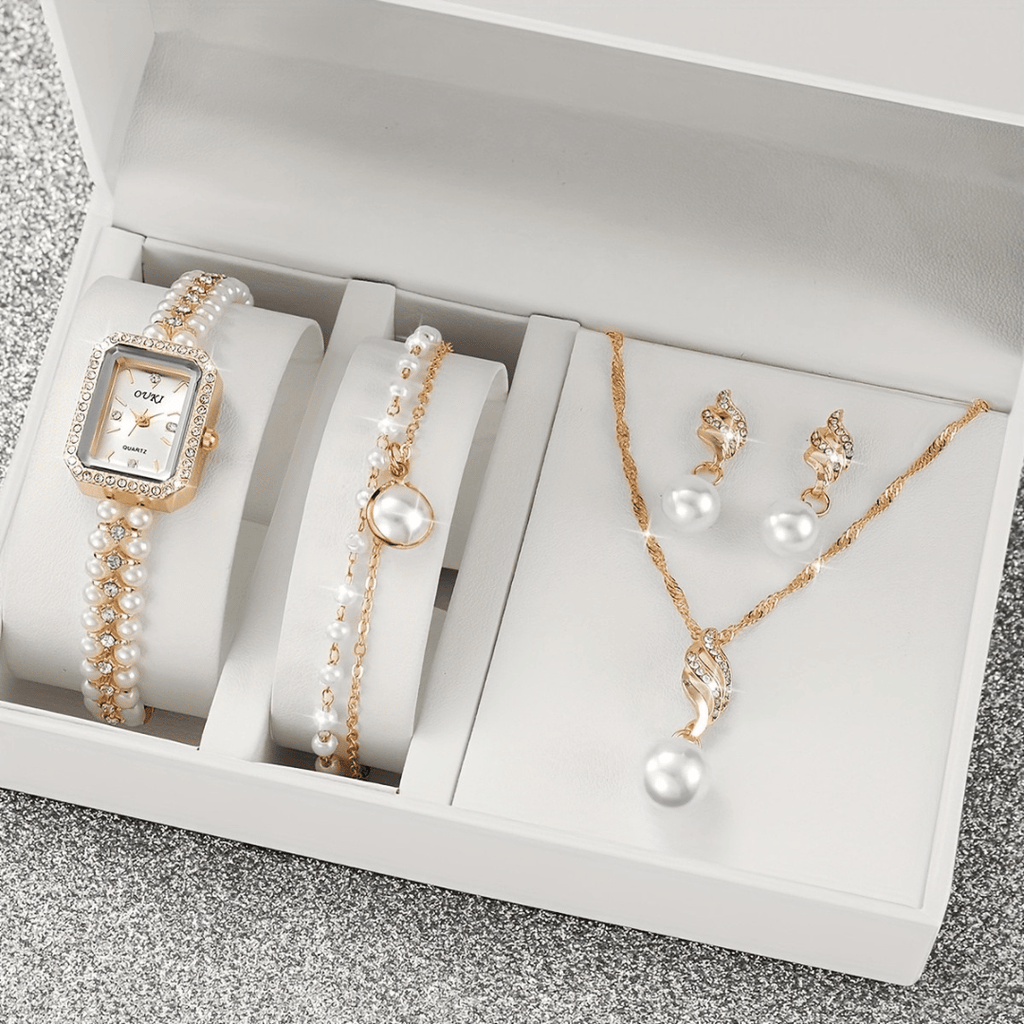 Kit Relógio Feminino + Colar de Pérolas | Conjunto Dourado