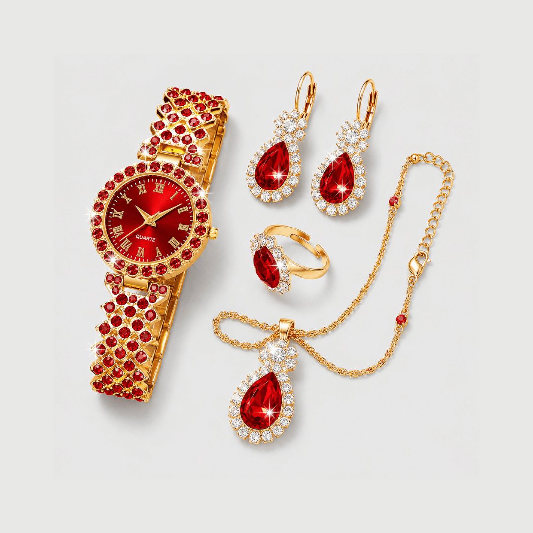 Kit 5 Relógios Femininos Dourado | Mostrador Vermelho